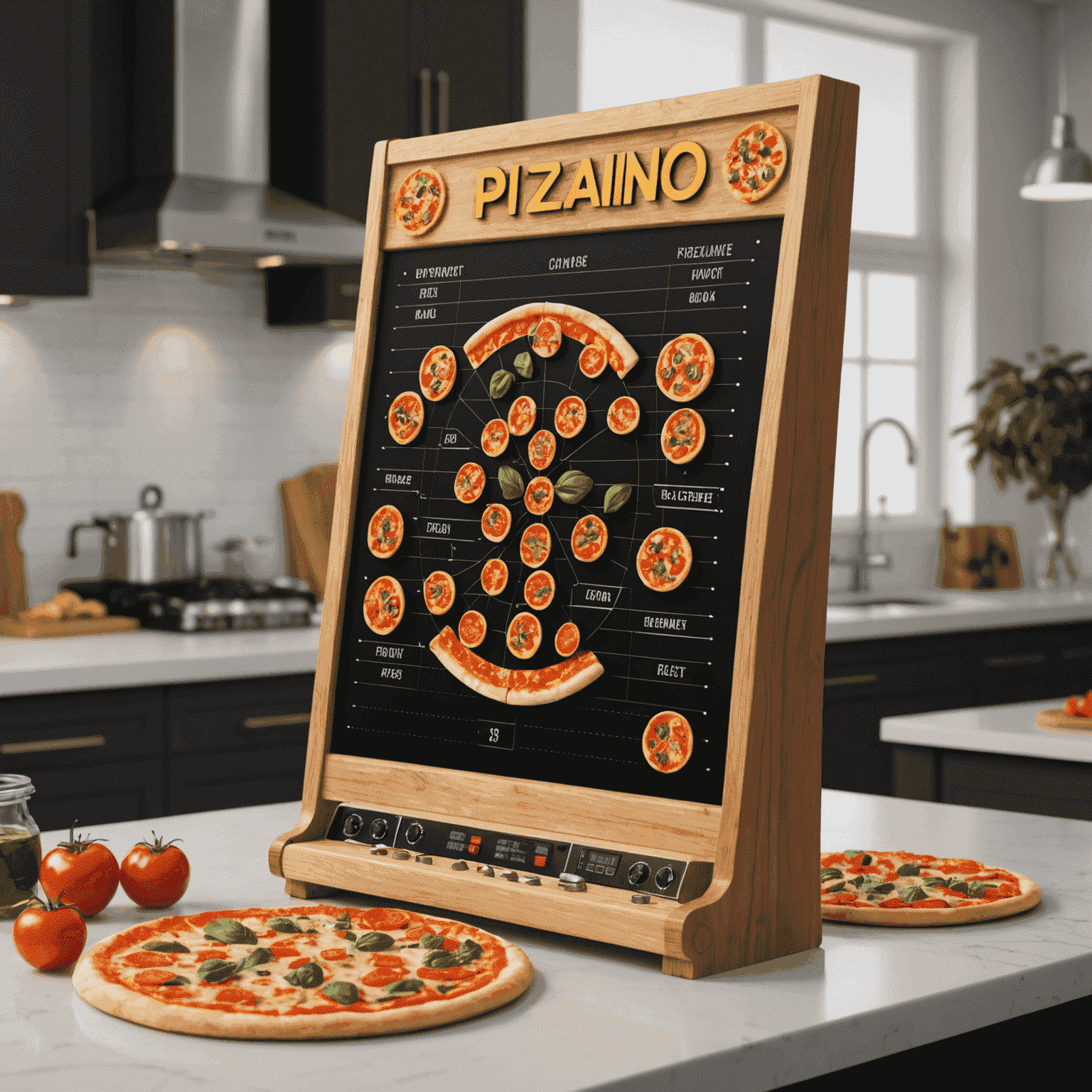 A digital Plinko board with pizza slices as prizes, showcasing the Pizza Plinko game concept. The board is set against a backdrop of a modern, clean kitchen where chefs are preparing various pizzas.