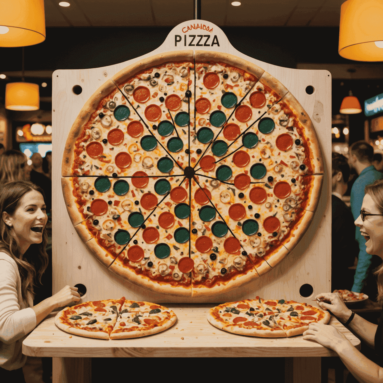 A large Pizza Plinko board with colorful pegs and pizza slices at the bottom, surrounded by excited customers in a Canadian pizza restaurant