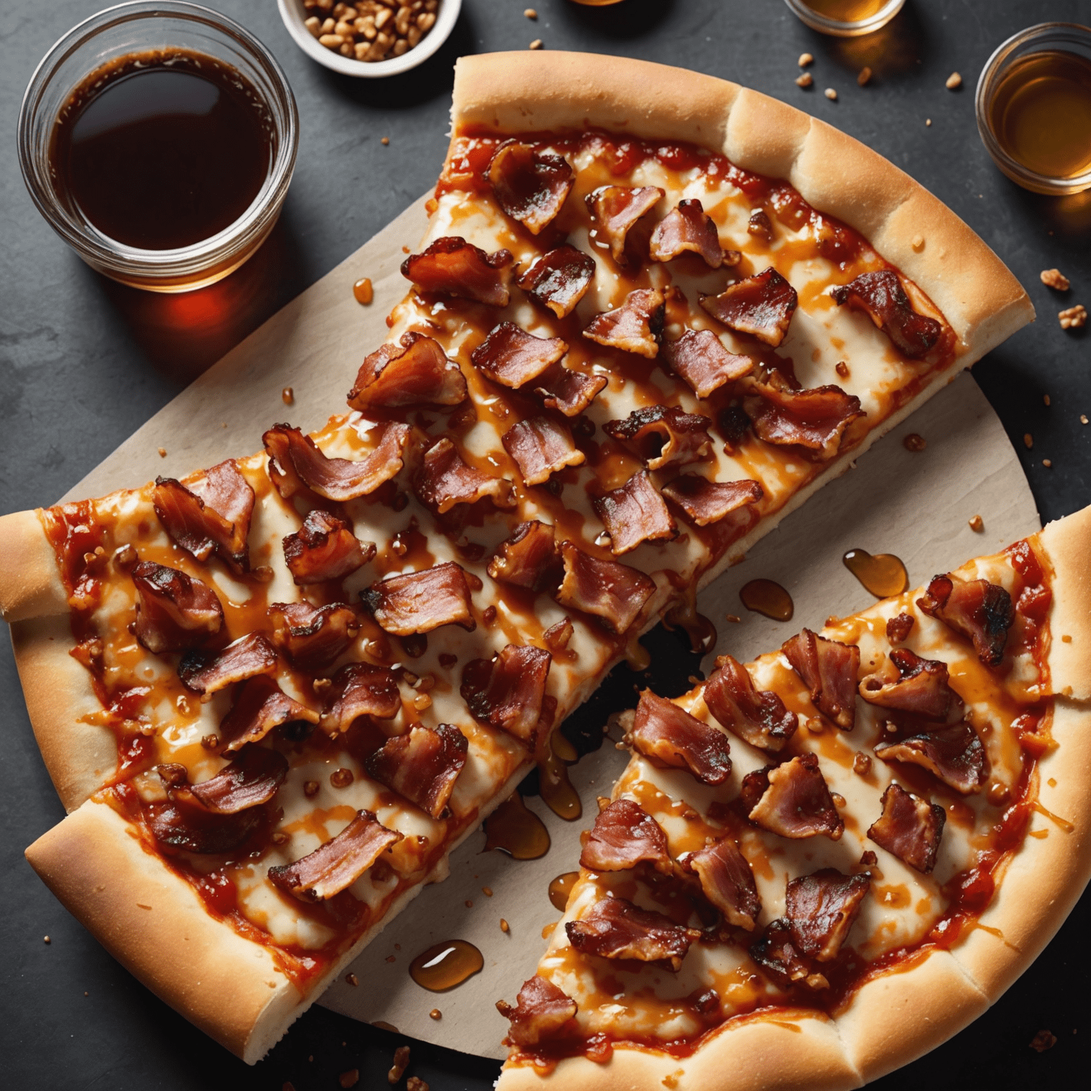 A pizza slice topped with crispy maple-glazed bacon bits and caramelized maple syrup drizzle, representing the Canadian Maple Madness topping