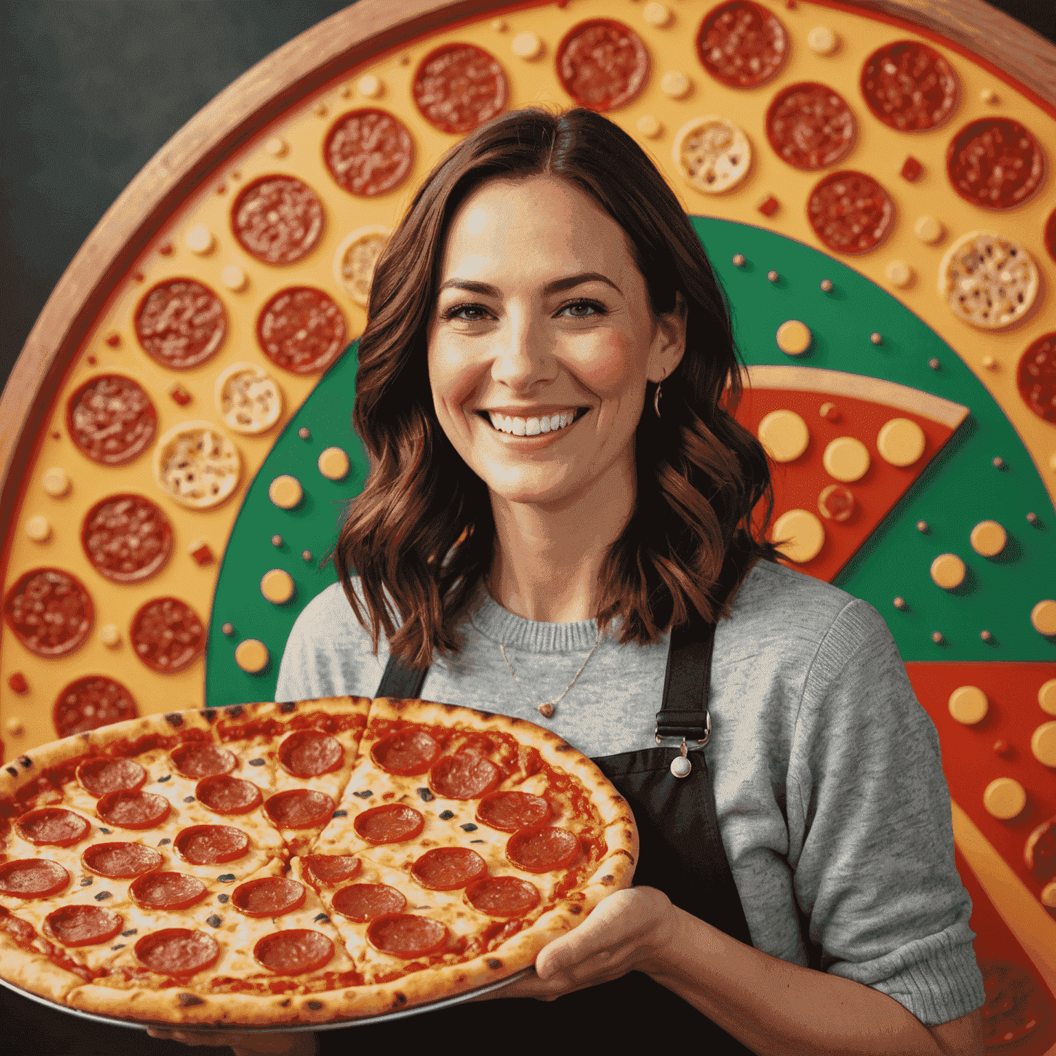 Sarah smiling widely while holding a large pepperoni pizza in front of a Pizza Plinko board