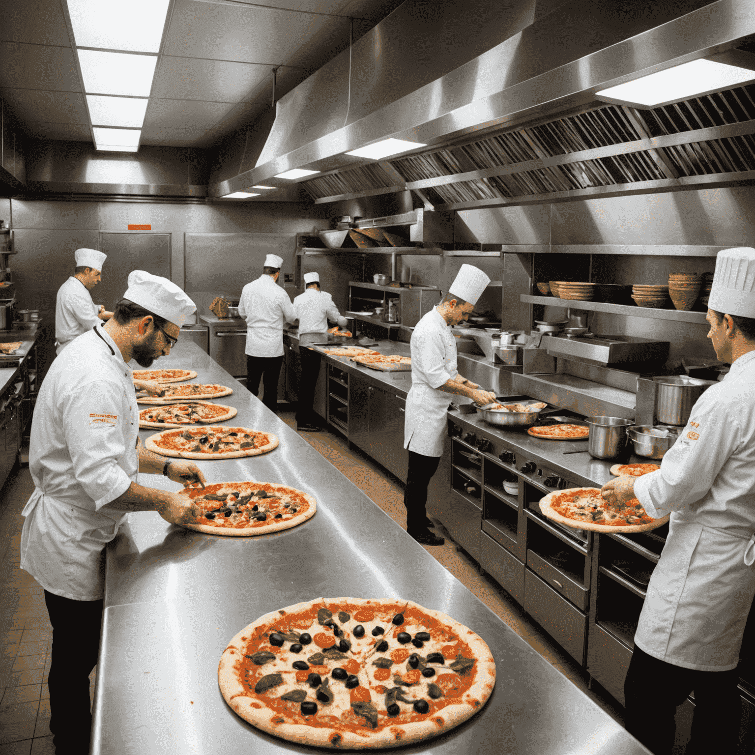 A wide shot of the Pizza Plinko kitchen, showing chefs at work preparing pizzas with various fresh ingredients spread across stainless steel counters