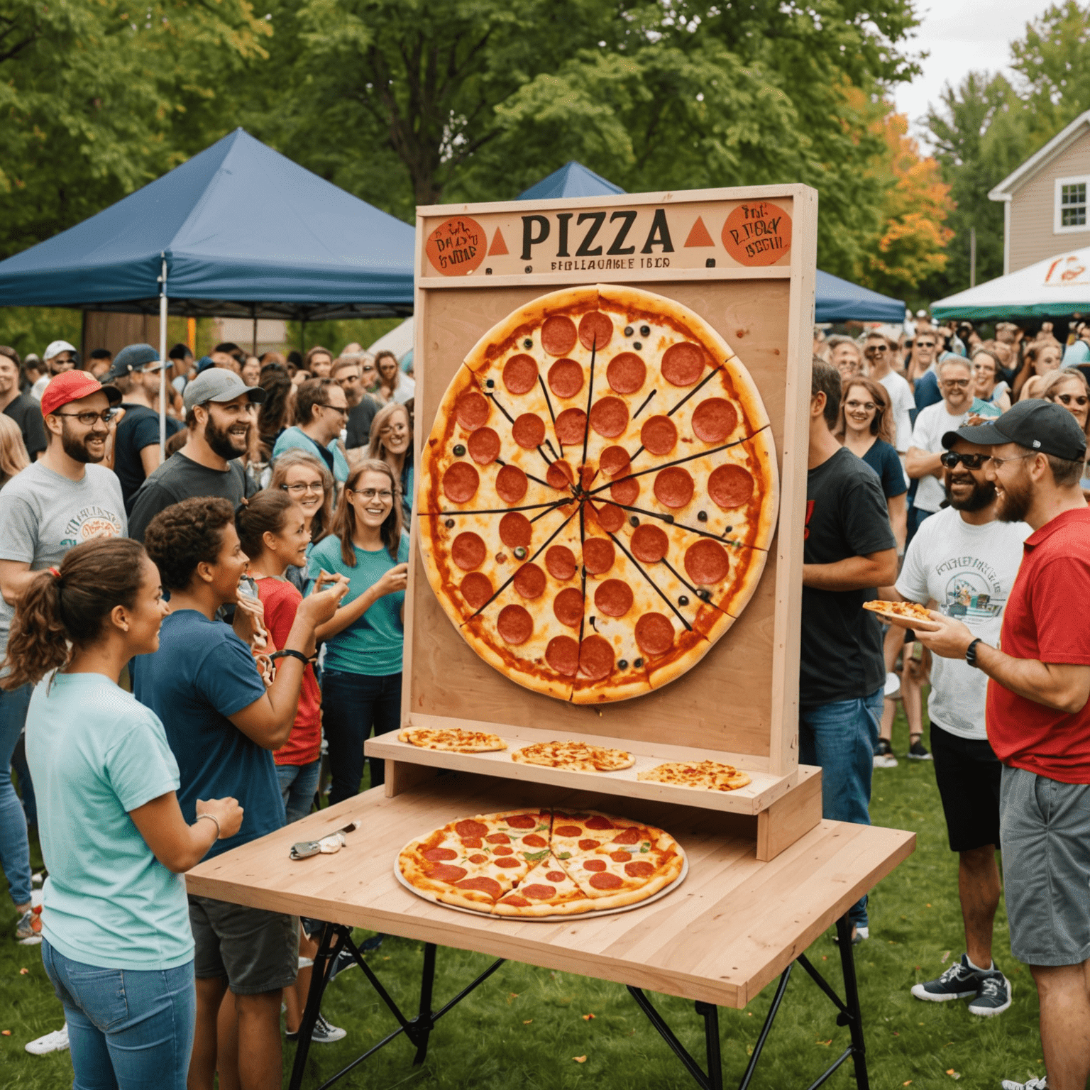 Pizza Plinko game setup at a community event with excited participants and a large crowd gathered around