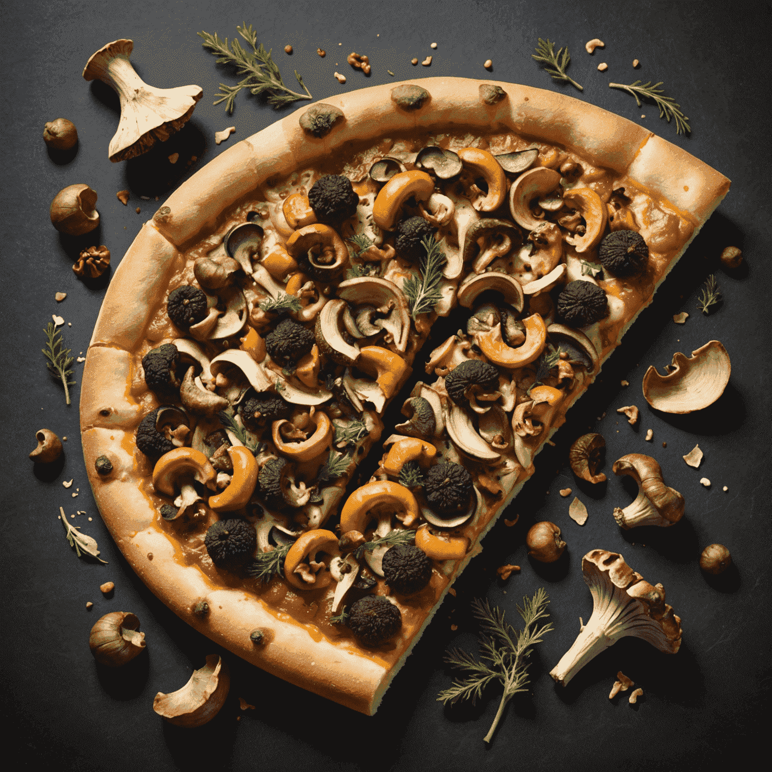 A pizza slice showcasing a medley of wild mushrooms, including chanterelles and morels, with a sprinkle of truffle oil