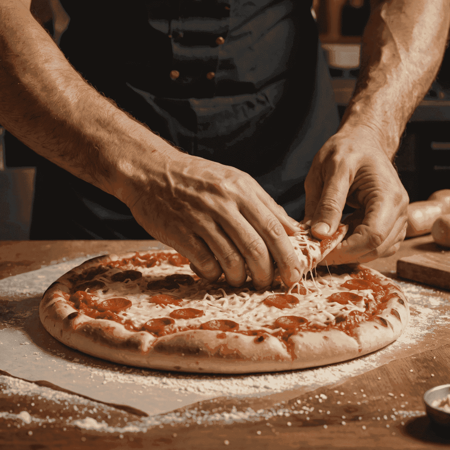 Close-up of a Pizza Plinko baker kneading and shaping pizza dough by hand