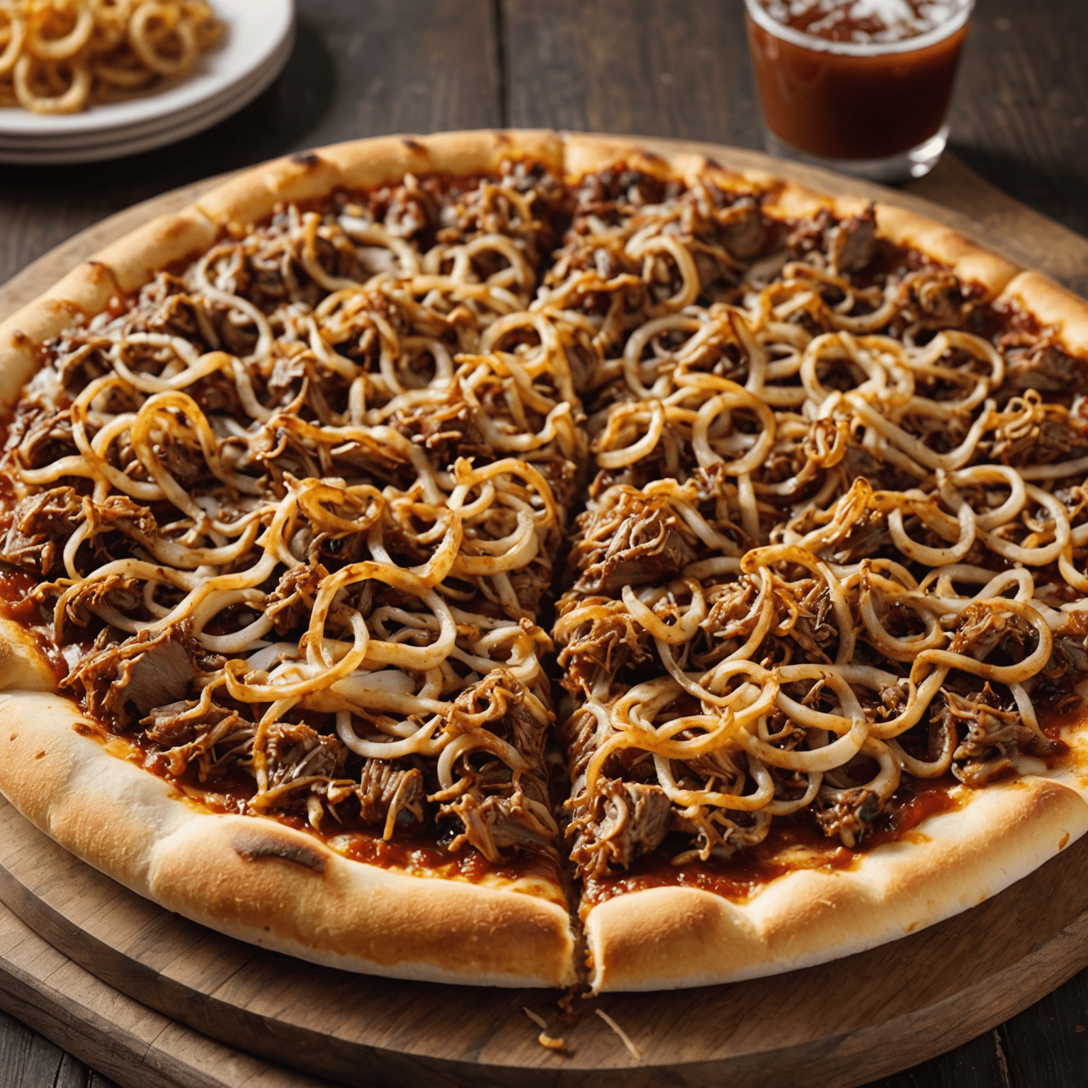 A pizza slice topped with tender pulled pork, crispy onion strings, and a drizzle of smoky barbecue sauce