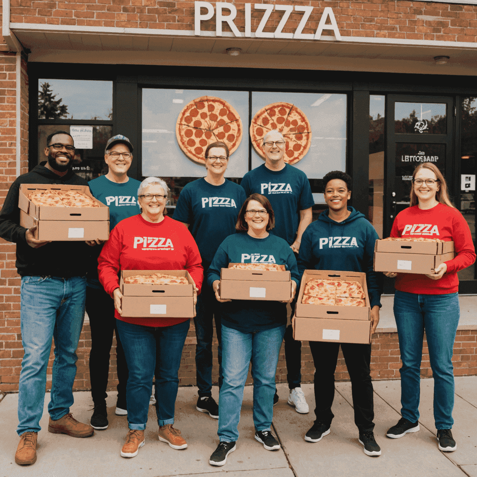 A group of diverse volunteers standing in front of a community center, holding boxes of pizza won from Pizza Plinko