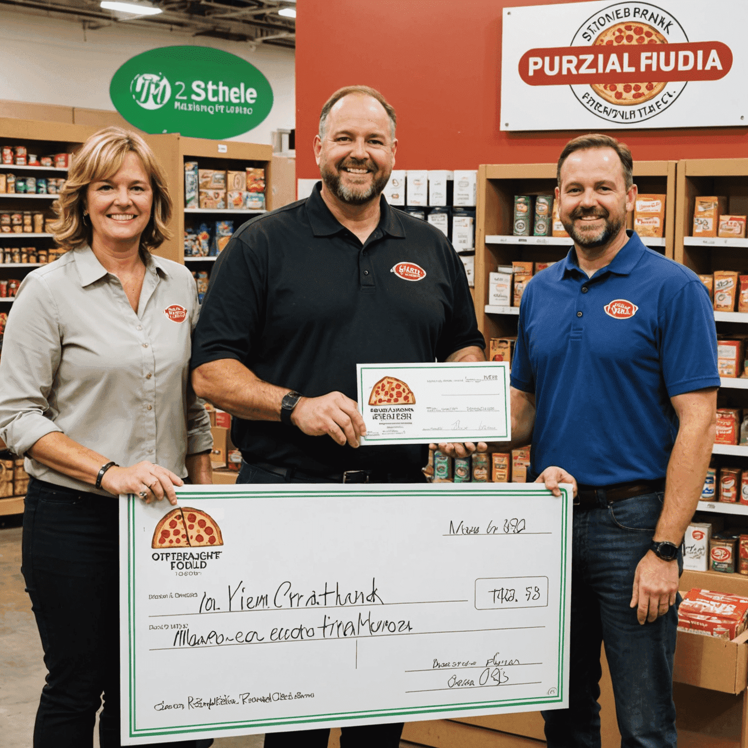 Pizza Plinko team presenting a donation check to a local food bank representative