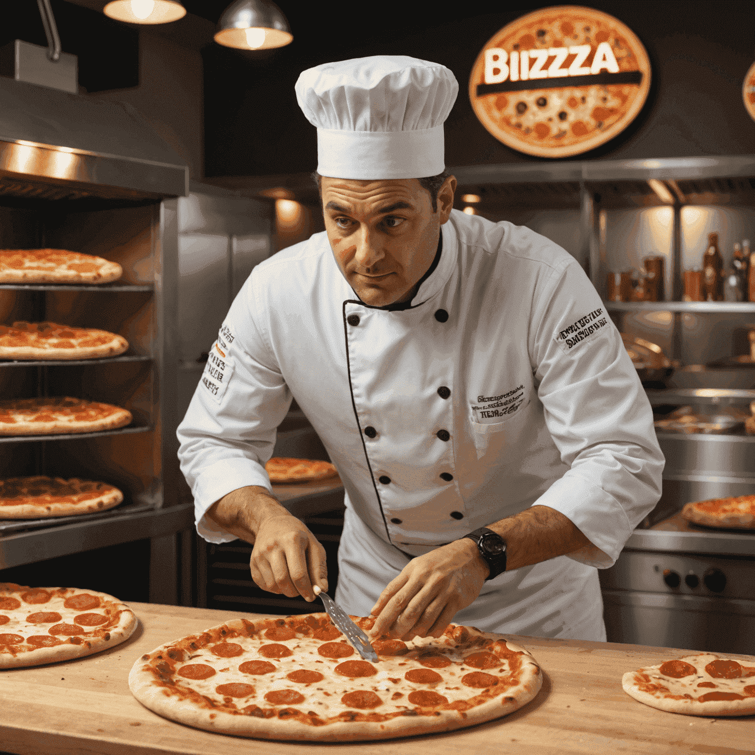 A Pizza Plinko chef carefully inspecting a freshly baked pizza before it's boxed